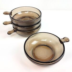 4 Vintage Amber Glasbake Small Bowls Set with Handle Brown Glass Soup Chili